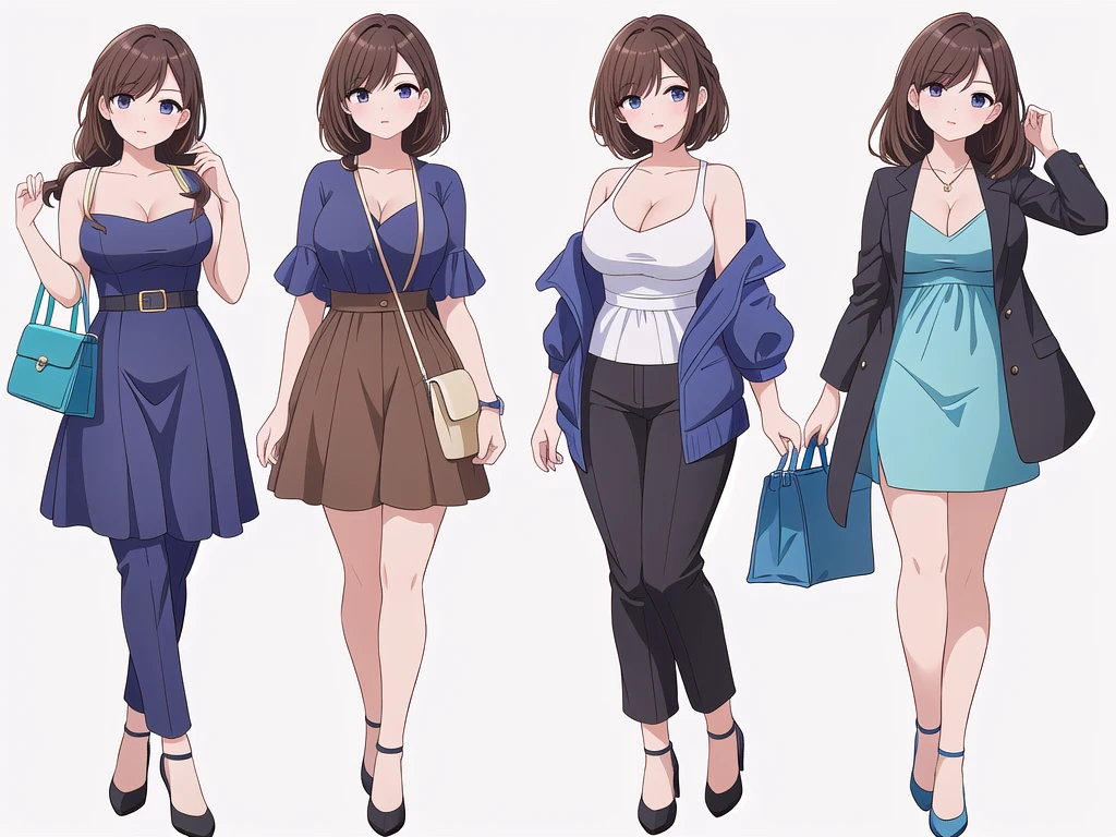 (((Best Quality))) , ((full body)), 4 lady, adult woman, multiple views, (((white background,))) variety of hairstyles, variety of fashion styles, seductive pose, fashionable and trendy atmosphere, holding bag, walk pose, dark blue/dark orange/dark green/dark violet/brown/white, short pants, cleavage,