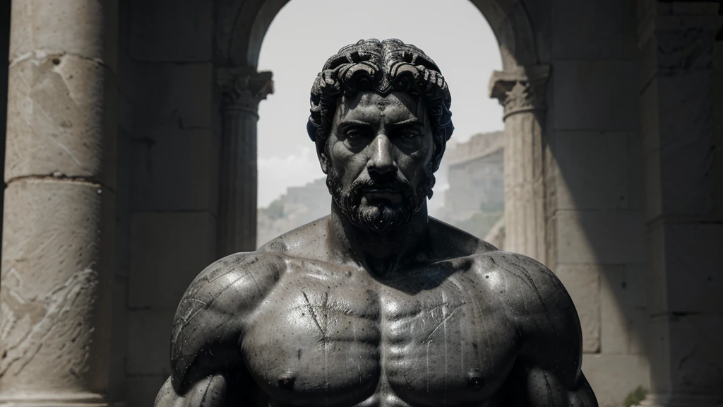 a portrait statue of the stoic Marcus Aurelius in black and white 4K, Super realistic ANCIENT GREEK RUINS, fully body, corpo stark, brawny, stark, wearing no shirt, tronco stark, stark, wearing no shirt, strong arms, 8K, ultra realisitic, cinematographic
