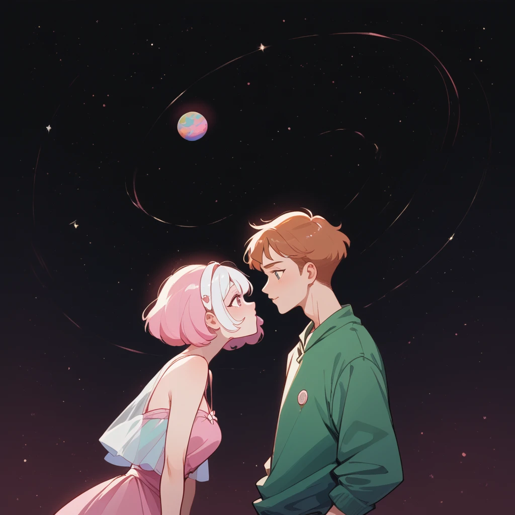 they are поцелуи in front of a galaxy and big planet ночью, big pink planet in the background, поцелуи together cutely, couple поцелуи, They are in love, taken at night, big pink planet in the background, boy and girl, Girl with white hair