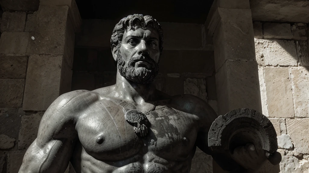 a portrait statue of the stoic Marcus Aurelius in black and white 4K, Super realistic ANCIENT GREEK RUINS, fully body, corpo stark, brawny, stark, wearing no shirt, tronco stark, stark, wearing no shirt, strong arms, 8K, ultra realisitic, cinematographic