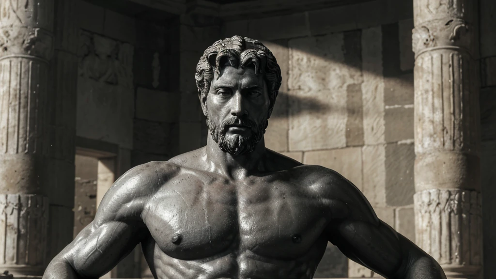a portrait statue of the stoic Marcus Aurelius in black and white 4K, Super realistic ANCIENT GREEK RUINS, fully body, corpo stark, brawny, stark, wearing no shirt, tronco stark, stark, wearing no shirt, strong arms, 8K, ultra realisitic, cinematographic