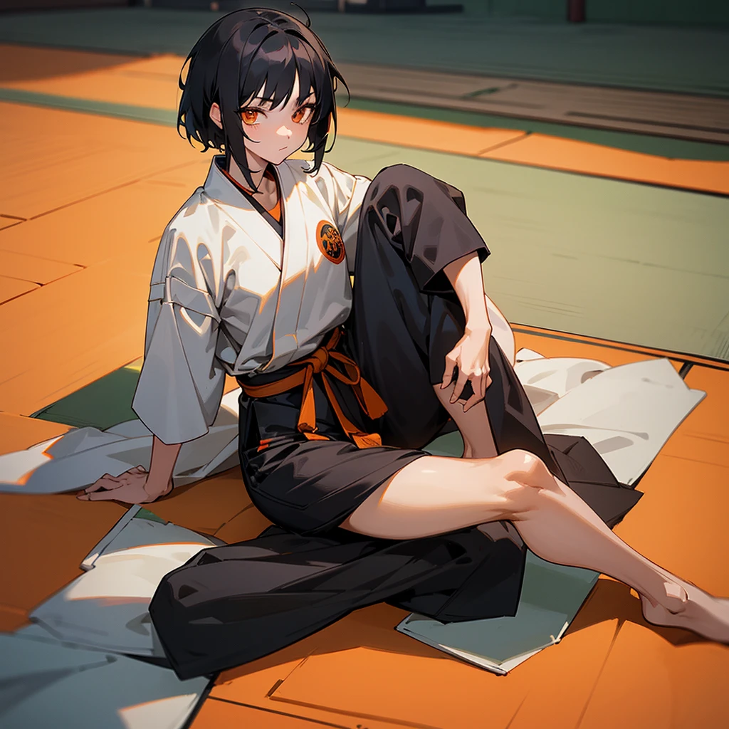 1girl, short messy black hair, orange eyes, wearing black martial arts gi and black martial arts trousers. Barefoot. Anime artstyle, best quality, looking at viewer, perfect face, Sitting on tatami mats, intricate detail, masterpiece, perfect muscular body