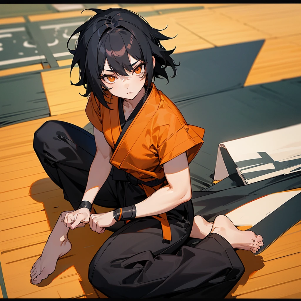 1girl, short messy black hair, orange eyes, wearing black martial arts gi and black martial arts trousers. Barefoot. Anime artstyle, best quality, looking at viewer, perfect face, Sitting on tatami mats, intricate detail, masterpiece, perfect muscular body