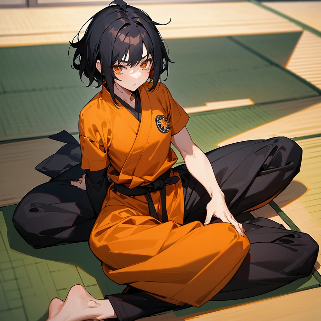 1girl, short messy black hair, orange eyes, wearing black martial arts gi and black martial arts trousers. Barefoot. Anime artstyle, best quality, looking at viewer, perfect face, Sitting on tatami mats, intricate detail, masterpiece, perfect muscular body