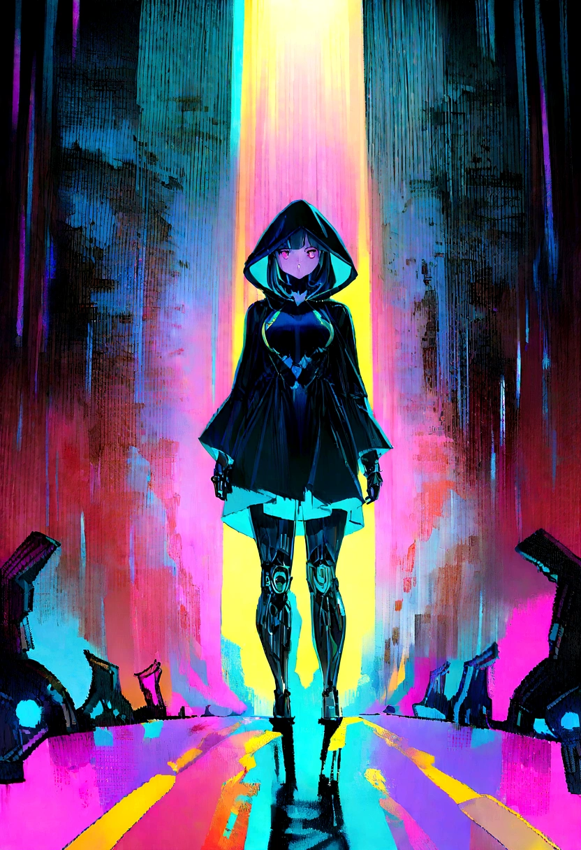 masterpiece, cyborg, The body is glamorous、, Wearing a hood, Shrouded in shadow,Wear an aura , Positano colours, Completely in frame, whole body, Emits electrical energy, whole body, Beautiful girl in beautiful anime waifu style, Ultra-detailed CG paintings, Luminism, Art by Kahn Griffith and Vadim Kashin Concept Art, 8Kresolution, 16kresolution、Fractal isometric details、 Bioluminescence , complicatedly detailed , Cinematic, trending on art station Isometric Centered hyper Realistic cover photo awesome full color, Grainy, Realistic, complicated, Hit definition , Cinematic, Bold, Vibrant, amazing, Super high quality model、Being pelted by rain in the dark、Controlling Lightning、Red eyes