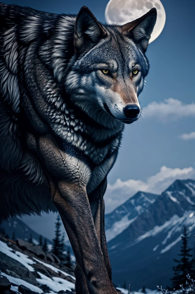 Create a forearm tattoo of a wolf with a mountain and runes and a bloody moon in the landscape
