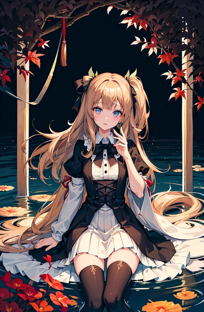 1girl, solo, outdoors, long hair, holy place, Original,(Illustration:1.1),(Best Quality),(masutepiece:1.1),(the Extremely Detailed CG Unity 8K Wallpapers:1.1), (Colorful:0.9),(mid-shot:0.95),(extremely detailed beautiful face),(Solo:1.2), (girl),(((Lori))), (Detailed beautiful eyes:1.15), (Beautiful face:1.15), (Glowing blue eyes:1.25////),(((Brown Long Hair))),(two side up),(+perfect hand+:1.21),(Draw illustration of Japan priestess costume),(slender),(White pleated skirt),(Gothic),((black thighhighs)),(frilld),(Beautiful Slender Lolita Girl),hallowween,standing, girl,10 years old, girl,underground waterway,((dark place)),((dark place)),((dark place)),((dark place)),((Dark underground canals where light does not reach)),