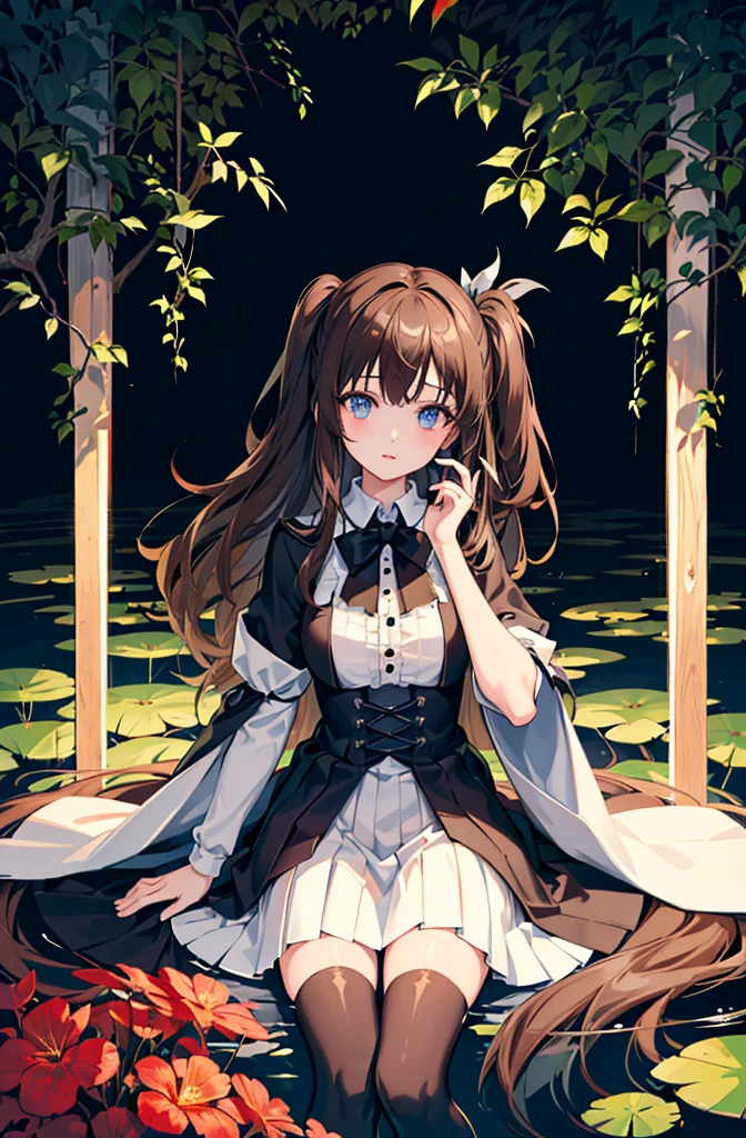 1girl, solo, outdoors, long hair, holy place, Original,(Illustration:1.1),(Best Quality),(masutepiece:1.1),(the Extremely Detailed CG Unity 8K Wallpapers:1.1), (Colorful:0.9),(mid-shot:0.95),(extremely detailed beautiful face),(Solo:1.2), (girl),(((Lori))), (Detailed beautiful eyes:1.15), (Beautiful face:1.15), (Glowing blue eyes:1.25////),(((Brown Long Hair))),(two side up),(+perfect hand+:1.21),(Draw illustration of Japan priestess costume),(slender),(White pleated skirt),(Gothic),((black thighhighs)),(frilld),(Beautiful Slender ta Girl),hallowween,standing, girl,10 yirl,underground waterway,((dark place)),((dark place)),((dark place)),((dark place)),((Dark underground canals where light does not reach)),