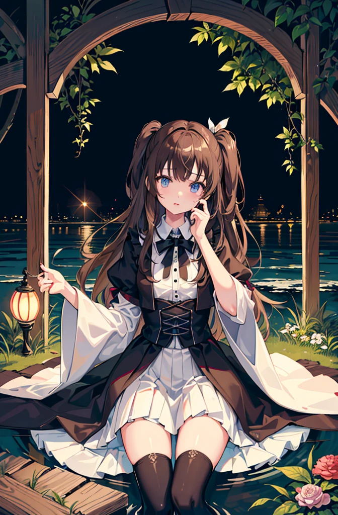 1girl, solo, outdoors, long hair, holy place, Original,(Illustration:1.1),(Best Quality),(masutepiece:1.1),(the Extremely Detailed CG Unity 8K Wallpapers:1.1), (Colorful:0.9),(mid-shot:0.95),(extremely detailed beautiful face),(Solo:1.2), (girl),(((Lori))), (Detailed beautiful eyes:1.15), (Beautiful face:1.15), (Glowing blue eyes:1.25////),(((Brown Long Hair))),(two side up),(+perfect hand+:1.21),(Draw illustration of Japan priestess costume),(slender),(White pleated skirt),(Gothic),((black thighhighs)),(frilld),(Beautiful Slender Lolita Girl),hallowween,standing, girl,10 years old, girl,underground waterway,((dark place)),((dark place)),((dark place)),((dark place)),((Dark underground canals where light does not reach)),