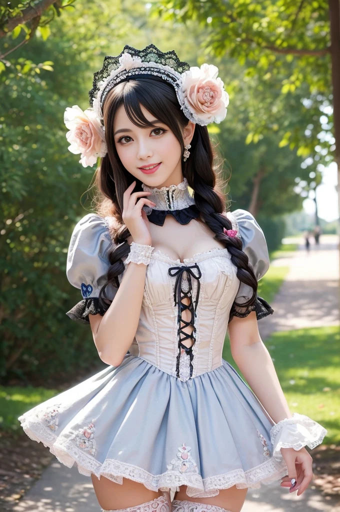 sexy stylish Spanish model, only 1 female, ((doll-like appearance)), ((very detailed Victorian-Style boots)), (smiling face), very detailed eyes, vivid eye makeup, lipgloss, long lashes, defined eyebrows, ((sexy Paradise Kiss cosplay)), bell-shaped skirt, petticoats, high neckline, puffed sleeves, ((very detailed lace)), ((very detailed embroidery)), intricate details, Paradise Kiss accessoires and matching headpiece, Paradise Kiss choker, ((large sparkling Paradise Kiss jewelry)), cinematic light, detailed large park background with trees
