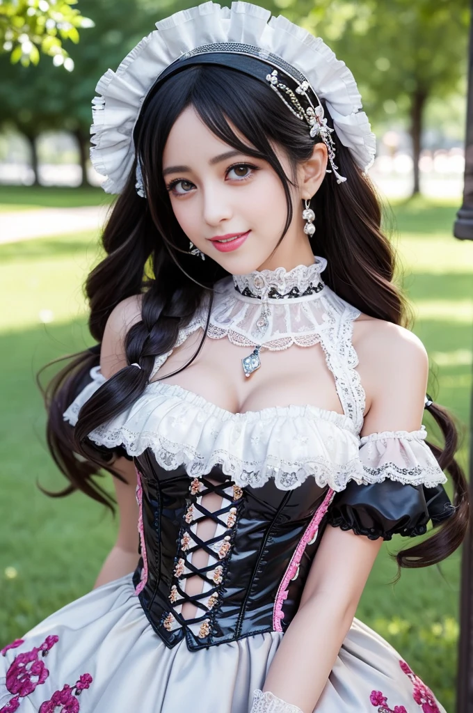 sexy stylish Spanish model, only 1 female, ((doll-like appearance)), ((very detailed Victorian-Style boots)), (smiling face), very detailed eyes, vivid eye makeup, lipgloss, long lashes, defined eyebrows, ((sexy Paradise Kiss cosplay)), bell-shaped skirt, petticoats, high neckline, puffed sleeves, ((very detailed lace)), ((very detailed embroidery)), intricate details, Paradise Kiss accessoires and matching headpiece, Paradise Kiss choker, ((large sparkling Paradise Kiss jewelry)), cinematic light, detailed large park background with trees
