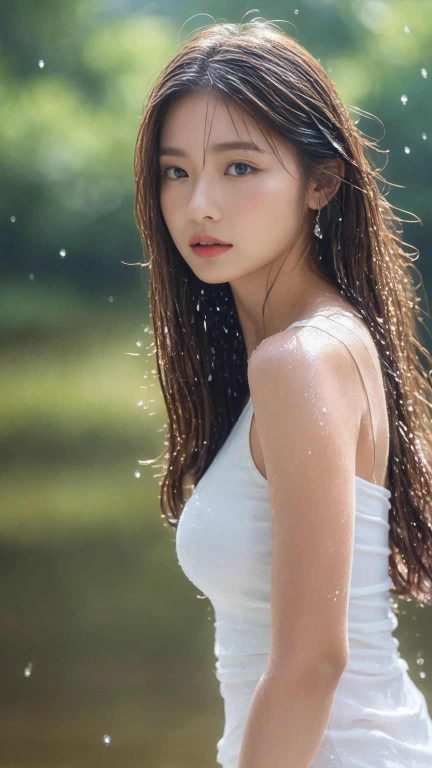 (Highest quality, 4K, masterpiece: 1.3), beauty, 1 Girl, sexy: 1.1, Dark brown hair: 1.1, (Raindrops, Raindrops, Wet body: 1.2), White tank top, Highly detailed face, Detailed lips, Fine grain, double eyelid, Ass Viewer