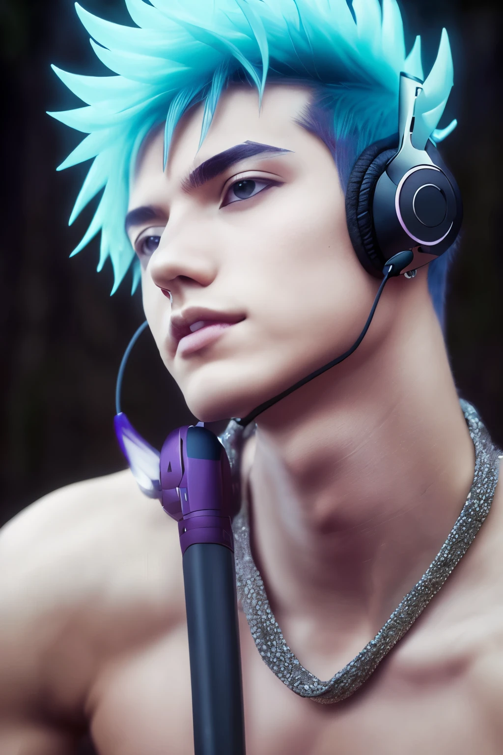 ((best qualityer)), ((work of art)), (detailded),(demon slayer) ,(アニメ), a hachira from music with a purple katana and headphones, naughty man ,brunette skin