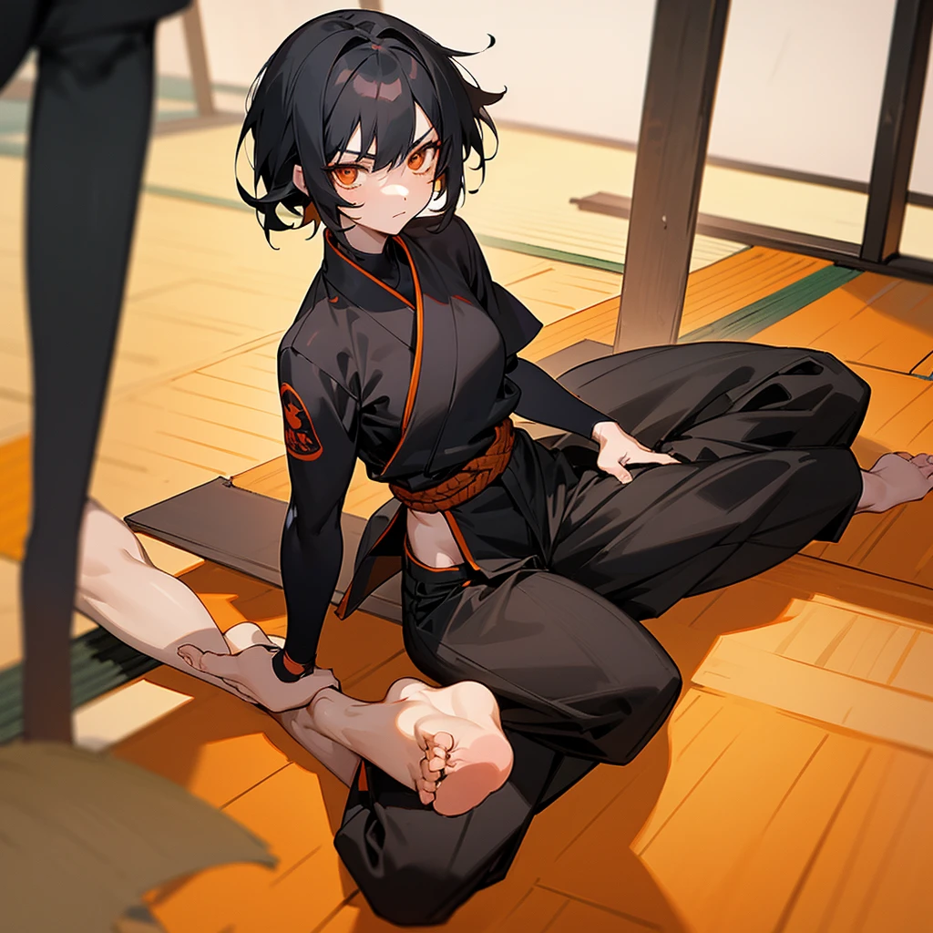 1girl, short messy black hair, orange eyes, wearing black martial arts gi and black martial arts trousers. Barefoot. Anime artstyle, best quality, looking at viewer, perfect face, Sitting on tatami mats, intricate detail, masterpiece, perfect muscular body