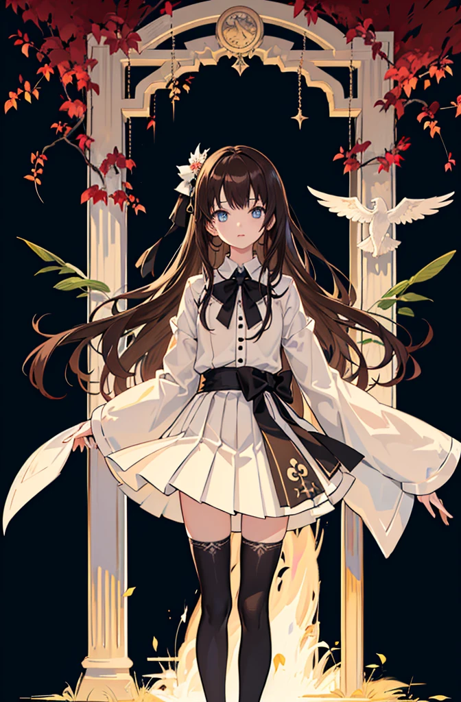 1girl,  solo, outdoors, long hair, holy place, Original,(Illustration:1.1),(Best Quality),(masutepiece:1.1),(the Extremely Detailed CG Unity 8K Wallpapers:1.1), (Colorful:0.9),(mid-shot:0.9tremely detailed beautiful face),(Solo:1.2), (girl),(((Lori))), (Detailed beautiful eyes:1.15), (Beautiful face:1.15), (Glowing blue eyes:1.25////),(((Brown Long Hair))),(two side up),(+perfect hand+:1.21),(Draw illustration of Japan priestess costume),(slender),(White pleated skirt),(Gothic),((black thighhighs)),(frilld),(Beautiful Slender Lolita Girl),standing, girl,10 years old,  girl,foggy place,loli girl,