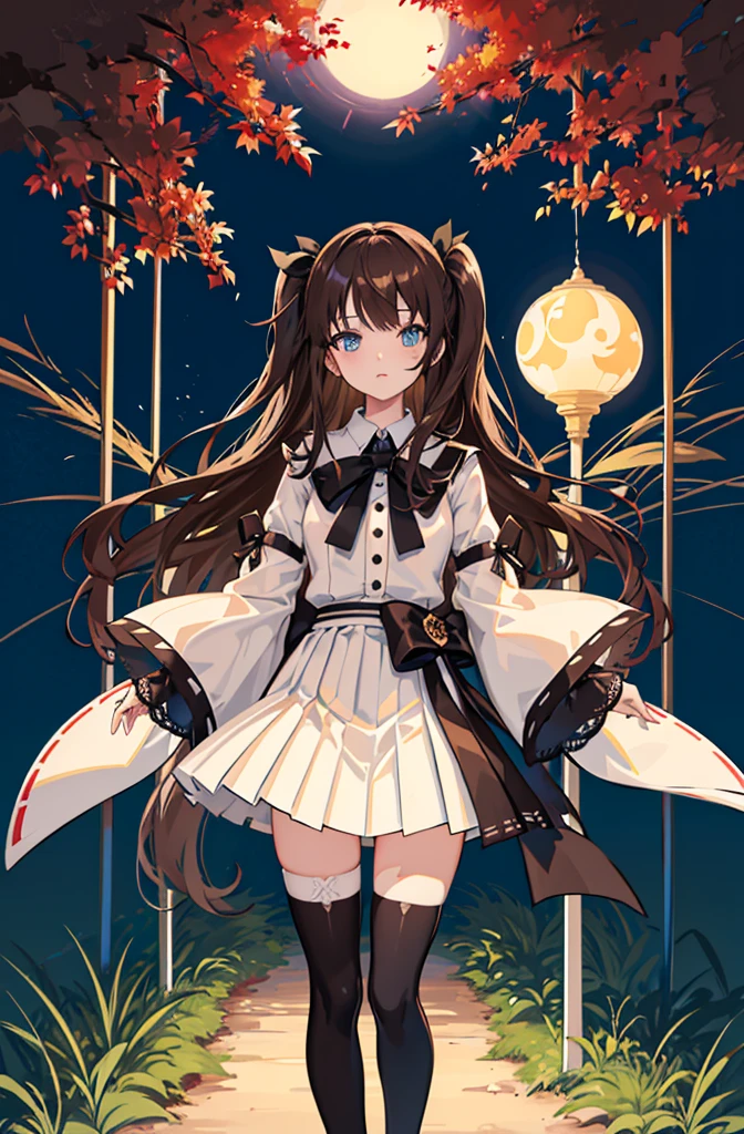 1girl, solo, outdoors, long hair, holy place, Original,(Illustration:1.1),(Best Quality),(masutepiece:1.1),(the Extremely Detailed CG Unity 8K Wallpapers:1.1), (Colorful:0.9),(mid-shot:0.95),(extremely detailed beautiful face),(Solo:1.2), (girl),(((Lori))), (Detailed beautiful eyes:1.15), (Beautiful face:1.15), (Glowing blue eyes:1.25////),(((Brown Long Hair))),(two side up),(+perfect hand+:1.21),(Draw illustration of Japan priestess costume),(slender),(White pleated skirt),(Gothic),((black thighhighs)),(frilld),(Beautiful Slender Lolita Girl),standing, girl,10 years old, girl,foggy place,loli girl,