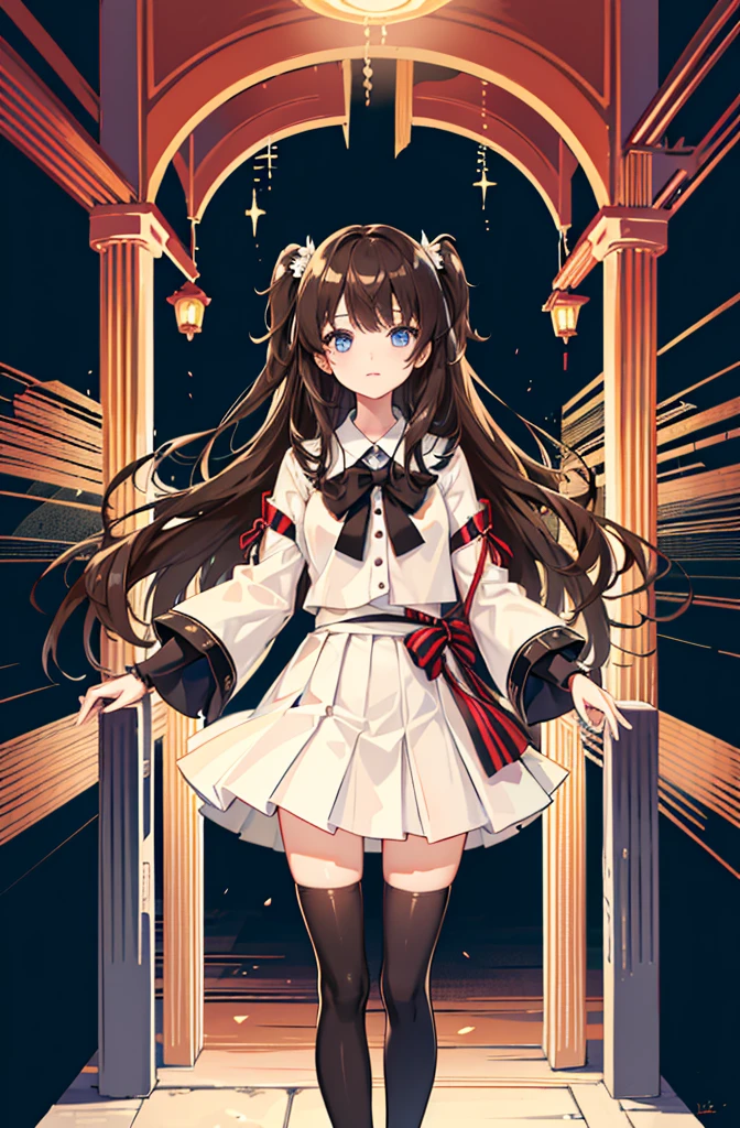 1girl, solo, outdoors, long hair, holy place, Original,(Illustration:1.1),(Best Quality),(masutepiece:1.1),(the Extremely Detailed CG Unity 8K Wallpapers:1.1), (Colorful:0.9),(mid-shot:0.95),(extremely detailed beautiful face),(Solo:1.2), (girl),(((Lori))), (Detailed beautiful eyes:1.15), (Beautiful face:1.15), (Glowing blue eyes:1.25////),(((Brown Long Hair))),(two side up),(+perfect hand+:1.21),(Draw illustration of Japan priestess costume),(slender),(White pleated skirt),(Gothic),((black thighhighs)),(frilld),(Beautiful Slender Lolita Girl),standing, girl,10 years old, girl,foggy place,loli girl,