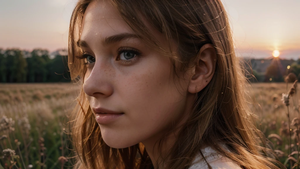Amazing 35mm photo of a pretty 19 year old english woman, full body portrait, sideview, wearing a, sheer lace cropped top, pretty, oval face, absolute beauty, sharp nose, very thin nose, freckles on nose, crooked nose, narrow nose, nice mouth, perfect teeth, brown eyes, beautiful eyes, narrow eyes, perfect eyes, detailed eyes, blond hair, long hair, straight hair, looking at the viewer , dusk, sunset, meadow, swirls of mist ,soft natural light, beautiful sky, ultra realistic, extremely detailed, Rembrandt style light, 8k resolution, masterpiece, 35mm, Hasselblad, photo, portrait photo, epiCPhoto