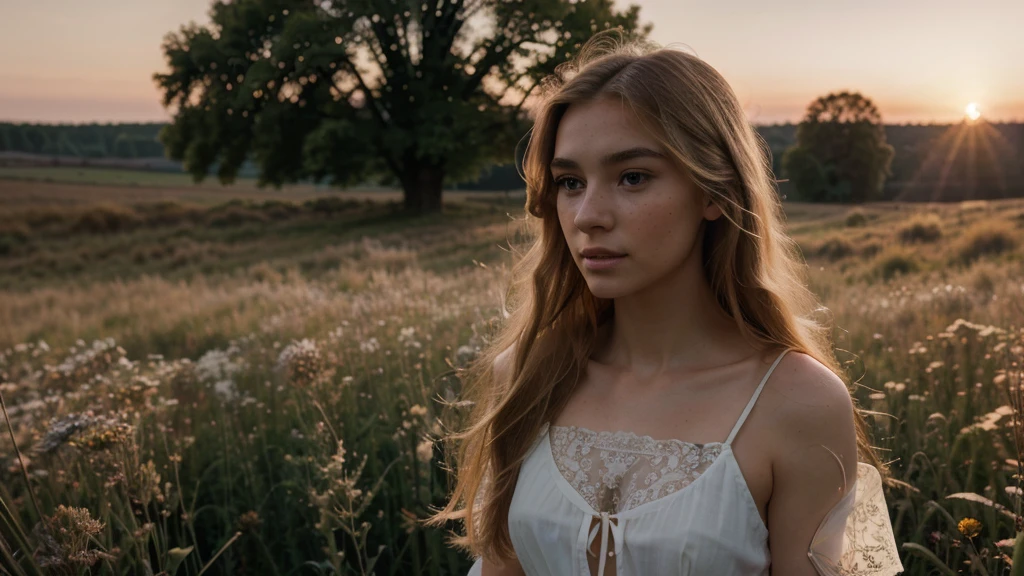 Amazing 35mm photo of a pretty 19 year old english woman, full body portrait, sideview, wearing a, sheer lace cropped top,  pretty, oval face, absolute beauty, sharp nose, very thin nose, freckles on nose, crooked nose, narrow nose, nice mouth, perfect teeth, brown eyes, beautiful eyes, narrow eyes, perfect eyes, detailed eyes, blond hair, long hair, straight hair, looking at the viewer , dusk, sunset, meadow, swirls of mist ,soft natural light, beautiful sky, ultra realistic, extremely detailed, Rembrandt style light, 8k resolution, masterpiece, 35mm, Hasselblad, photo, portrait photo, epiCPhoto