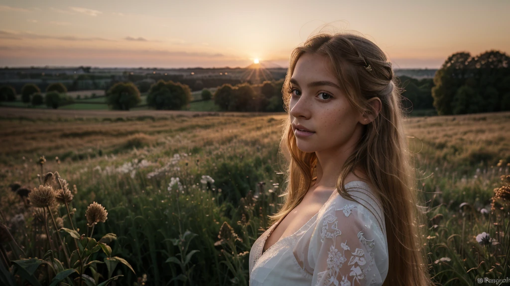 Amazing 35mm photo of a pretty 19 year old english woman, full body portrait, sideview, wearing a, sheer lace cropped top,  pretty, oval face, absolute beauty, sharp nose, very thin nose, freckles on nose, crooked nose, narrow nose, nice mouth, perfect teeth, brown eyes, beautiful eyes, narrow eyes, perfect eyes, detailed eyes, blond hair, long hair, straight hair, looking at the viewer , dusk, sunset, meadow, swirls of mist ,soft natural light, beautiful sky, ultra realistic, extremely detailed, Rembrandt style light, 8k resolution, masterpiece, 35mm, Hasselblad, photo, portrait photo, epiCPhoto