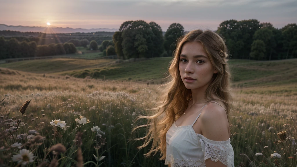 Amazing 35mm photo of a pretty 19 year old english woman, full body portrait, sideview, wearing a, sheer lace cropped top,  pretty, oval face, absolute beauty, sharp nose, very thin nose, freckles on nose, crooked nose, narrow nose, nice mouth, perfect teeth, brown eyes, beautiful eyes, narrow eyes, perfect eyes, detailed eyes, blond hair, long hair, straight hair, looking at the viewer , dusk, sunset, meadow, swirls of mist ,soft natural light, beautiful sky, ultra realistic, extremely detailed, Rembrandt style light, 8k resolution, masterpiece, 35mm, Hasselblad, photo, portrait photo, epiCPhoto