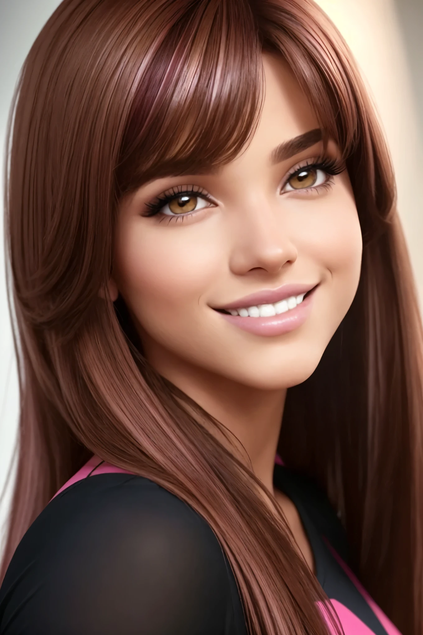 Create images of a Brazilian woman named Kat M, characterized by her brown hair with striking red highlights, cascading in medium-long layers with bangs. Her captivating light brown eyes are further enhanced by a subtle application of pink eyeshadow, complemented by the rosy hue of her boyfriend blush. The gloss on her full, plush pink lips adds a playful allure to her grinning expression. Capture her in a dynamic pose that showcases her whole body at a 30k quality, ensconced in an ultra-realistic 3D rendering, reflecting Real-Life naturalism. Catch her in a whole body angle that highlights her RL natural form, resulting