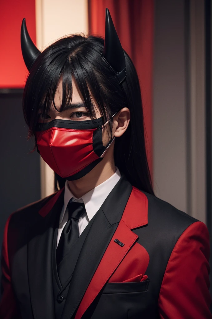 Red devil wearing black suit, wearing cute mask on face, the night
