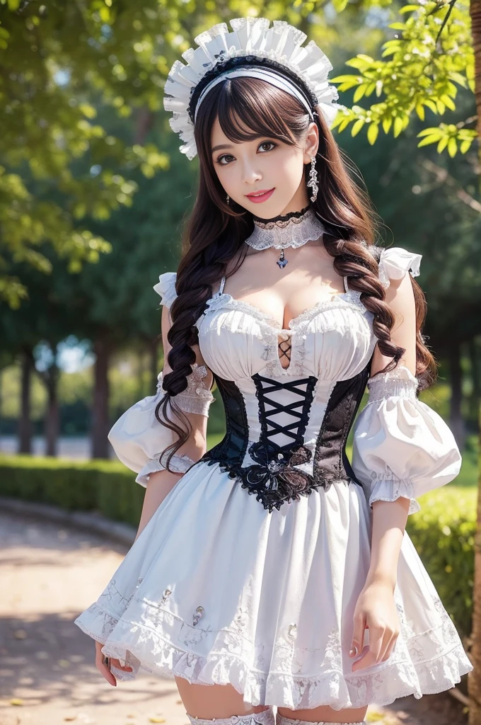 sexy stylish Spanish model, only 1 female, ((doll-like appearance)), ((very detailed Victorian-Style boots)), (happy smile), very detailed eyes, vivid eye makeup, lipgloss, long lashes, defined eyebrows, ((sexy Paradise Kiss cosplay)), bell-shaped skirt, petticoats, high neckline, puffed sleeves, ((very detailed lace)), ((very detailed embroidery)), intricate details, Paradise Kiss accessoires and matching headpiece, Paradise Kiss choker, ((large sparkling Paradise Kiss jewelry)), cinematic light, detailed large park background with trees