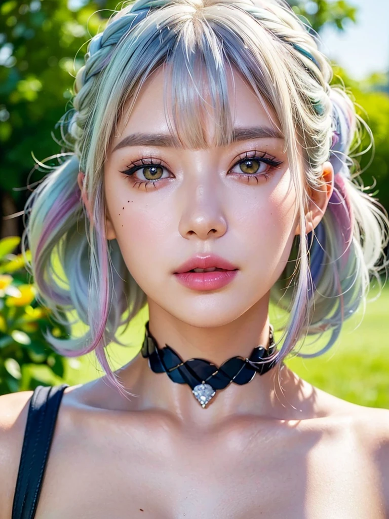 1girl, alone, solitary, high quality, (best quality,4k,8k,highres,masterpiece:1.2),ultra-detailed,(realistic,photorealistic,photo-realistic:1.37),gorgeous hair,white hair,short hair with bangs,sharp eyes,mole under the eye,plump lips,jewelry,(high detailed skin:1.4),(rim lighting:1.3),(lit:1.3),(sunny day:1.3),portrait,beautiful lips,bob haircut,seductive gaze,moles,casual clothes,colorful clothing,close up,bob hair,choker necklace,light eyes,bangs,fringe,dimples on the cheeks,dimples,platinum white hair,whitehair,platinum blonde hair,black,red lips,red lipstick,round lips,round pouty lips,pouty lips,douyin makeup,sparkly makeup,glitter,contact lenses,blue,green,pink,purple,wine red,highlights,braids,colored highlights,beanies,braided,pigtails