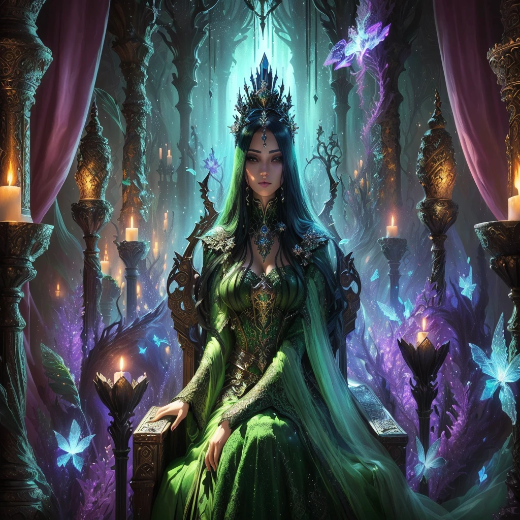 Arafed woman in a green dress sitting on a chair with candles., a beautiful fantasy empress, beautiful fantasy art, very beautiful fantasy art, detailed fantasy digital art, detailed fantasy art, gothic fantasy art, fantasy art style, fantasy style art., dark fantasy art, ((a beautiful fantasy empress)), 4K fantasy art, epic fantasy art style hd