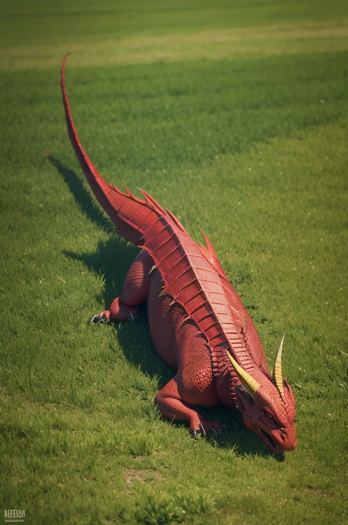 Red dragon on a green field, spitting fire