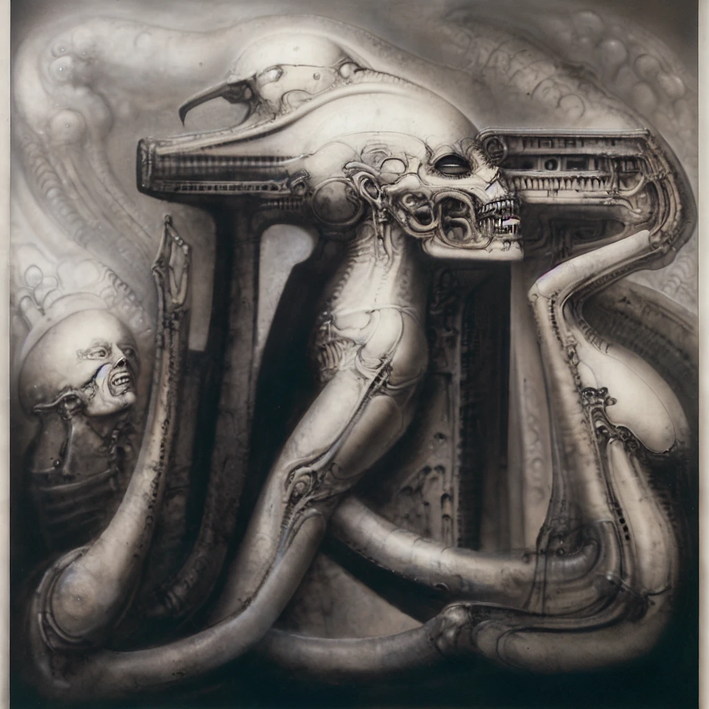 The image is a detailed view of H.R. Giger's Tableau \"NYC \" plate. The image is a black and white illustration depicting a surreal landscape with a large city-like structure, featuring intricate pipes and mechanical parts, set against a cloudy sky.
It's acomplex, abstract bone and ivory structure that resembles pipes and wires. The structure is composed of numerous pipes and wires intertwining and overlapping each other in a chaotic yet harmonious manner.
The style is clearly biomechanical. Features combination of organic and mechanical forms. Mechanical elements dominate the background of composition, there are subtle organic hints. The use of undersaturated purple-grays dark contrasts creates a stark and graphic look. Is used a variety of linework techniques to create different textures. Fine, parallel lines create a smooth, metallic texture,while thicker, more cursive lines suggest cables or wires. The artwork is shiny and purplish brown, with an ivory bones prominently displayed. The image is highly detailed and intricate, almost like a 3d version of a medical diagram (detailed view of an anatomy sketch, possibly of a humanoid body, with transparent organs and bones exposed). The piece has a thick mechano-organic texture and is covered in fine details. The image has a swirling, organic quality to it. The artistic manner would be unmistakably Gigeresque. A dark and unsettling beauty would permeate the piece, blurring the lines between fascination and repulsion , forever haunted by the grotesque allure. Giger's signature artistic manner would be evident in every stroke. The airbrush would be wielded with masterful precision to create a hyperrealistic yet yet nightmarish aesthetic.
The texture of ivory with signs of burning and fossilization can be seen in the mix of smooth and rough brushstrokes,hrgiger,HRGigerArhP style