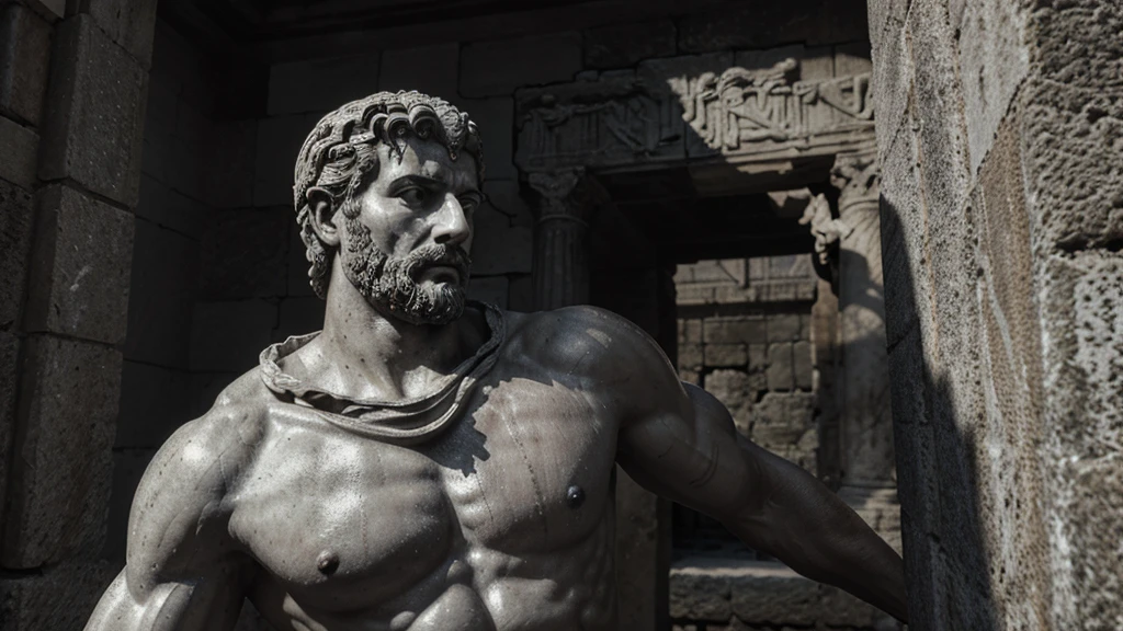 a portrait statue of the stoic Marcus Aurelius in black and white 4K, Super realistic ANCIENT GREEK RUINS, fully body, corpo stark, brawny, stark, wearing no shirt, tronco stark, stark, wearing no shirt, strong arms, 8K, ultra realisitic, cinematographic