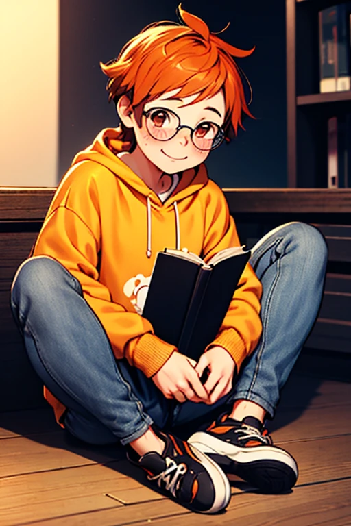 Chibi guy , full body , big dark brown eyes , short orange hair , light blue hoody , black jeans , blush face , sitting on the floor reading an anime book , smiling face, handsome guy, 1 necklace with a ball, round glasses, cute freckles in the face