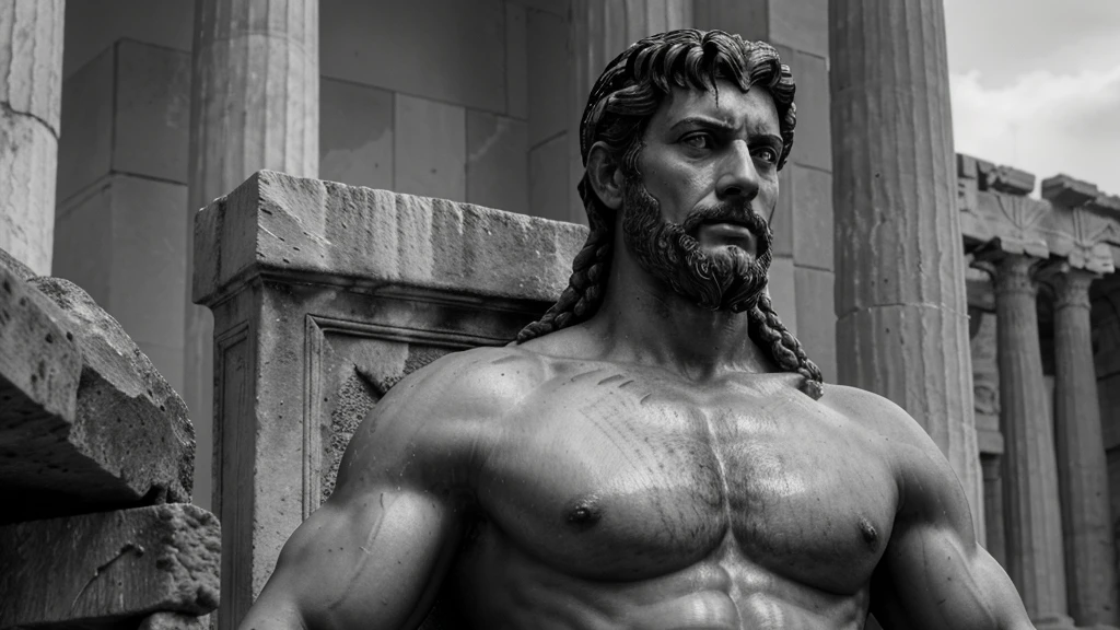 a portrait statue of the stoic Marcus Aurelius in black and white 4K, Super realistic ANCIENT GREEK RUINS, fully body, corpo stark, brawny, stark, wearing no shirt, tronco stark, stark, wearing no shirt, strong arms, 8K, ultra realisitic, cinematographic
