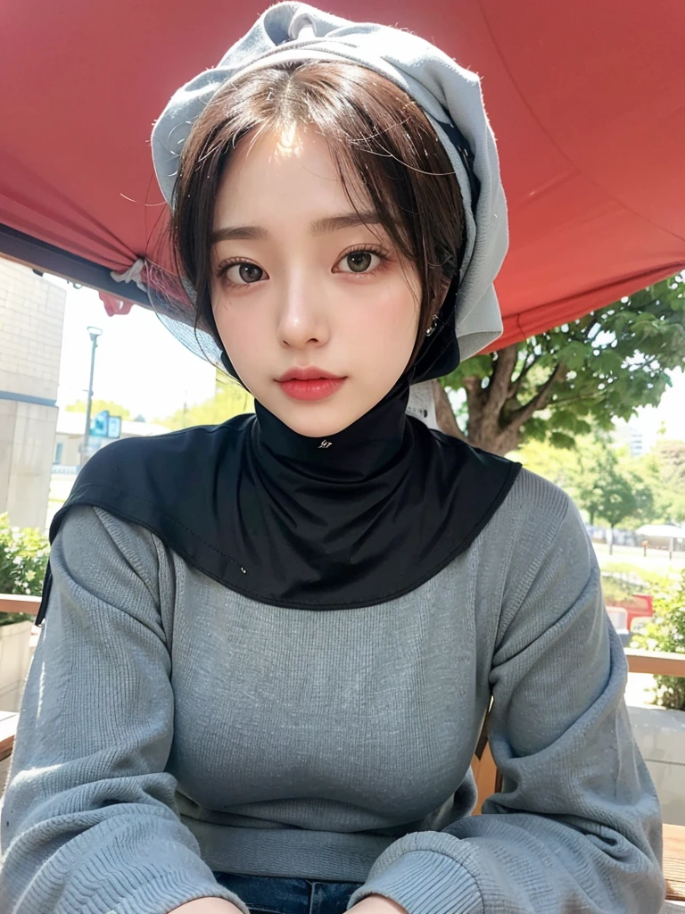 (Best quality, 8k, 32k, Masterpiece, UHD:1.2),Photo of Pretty Japanese hijab woman, large breasts, tight shirt,fetish hijab, woman hijab sitting
