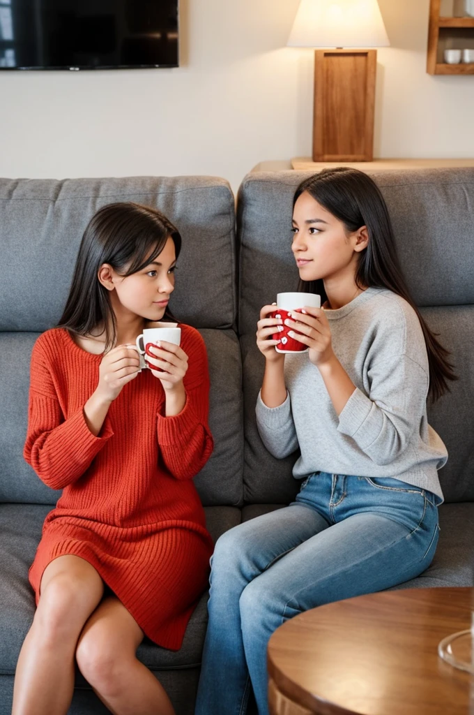 I want an image of two girls that are sitting in front of each other on two different couches and they're discussing. There is a slice of pizza in the hand of one of them and a cup of half tea in the hand of the other one.The one that has a slice of pizza should be stretched on the couch.