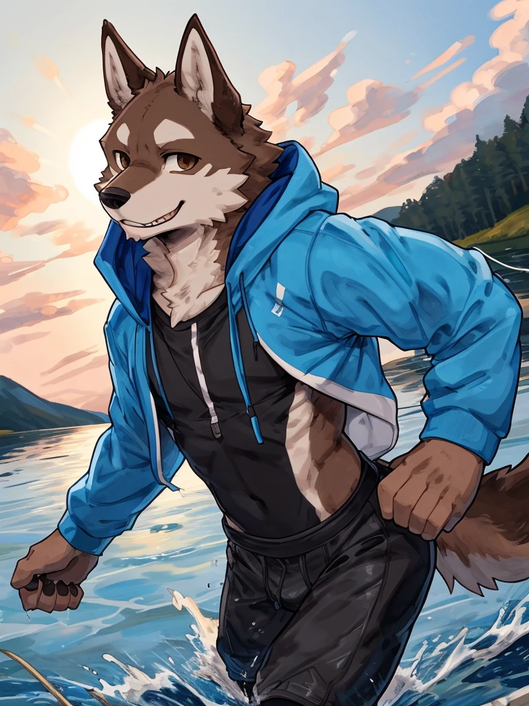 ((Best quality, masterpiece, detailed anatomy, detailed eyes, detailed hands, perfect lighting, perfect shading.)), by Buta99, by SpiritD, 1male, Wolf, brown furs, tight body, dark brown eyes, skinny body, young body, blue hoodie crop top, black jogger, black boots, smile, show sharp teeth, on the lake