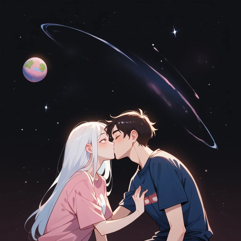 they are поцелуи in front of a galaxy and big planet ночью, big pink planet in the background, поцелуи together cutely, couple поцелуи, They are in love, taken at night, big planet in the background, boy and girl, Girl with white hair, ((guy in a white t-shirt))
