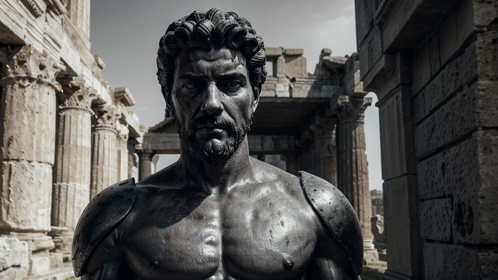 a portrait statue of the stoic Marcus Aurelius in black and white 4K, Super realistic ANCIENT GREEK RUINS, fully body, corpo stark, brawny, stark, wearing no shirt, tronco stark, stark, wearing no shirt, strong arms, 8K, ultra realisitic, cinematographic