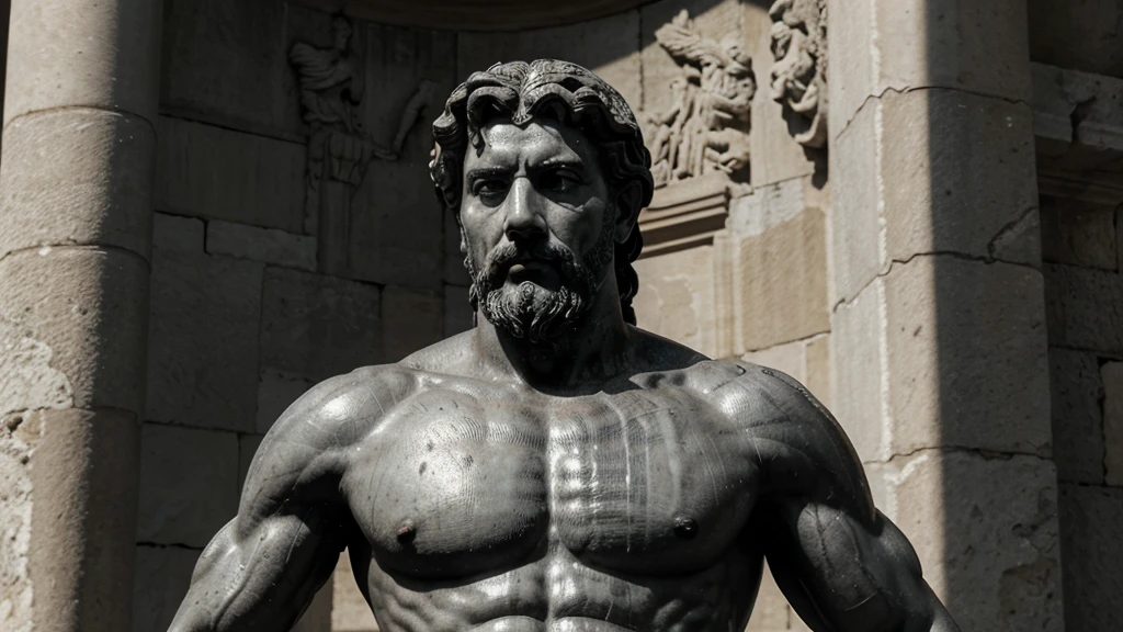 a portrait statue of the stoic Marcus Aurelius in black and white 4K, Super realistic ANCIENT GREEK RUINS, fully body, corpo stark, brawny, stark, wearing no shirt, tronco stark, stark, wearing no shirt, strong arms, 8K, ultra realisitic, cinematographic