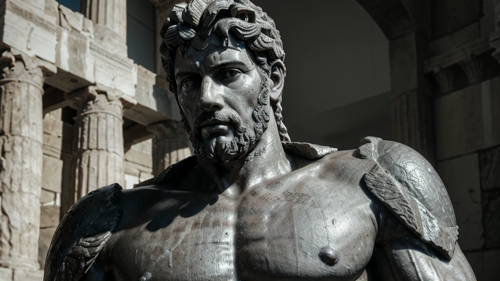 a portrait statue of the stoic Marcus Aurelius in black and white 4K, Super realistic ANCIENT GREEK RUINS, fully body, corpo stark, brawny, stark, wearing no shirt, tronco stark, stark, wearing no shirt, strong arms, 8K, ultra realisitic, cinematographic