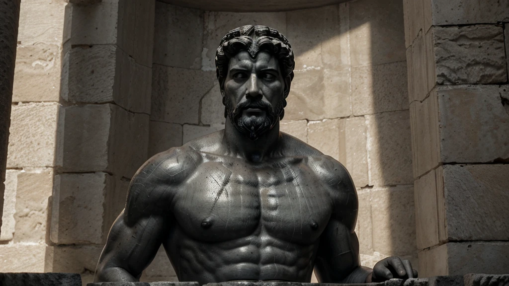 a portrait statue of the stoic Marcus Aurelius in black and white 4K, Super realistic ANCIENT GREEK RUINS, fully body, corpo stark, brawny, stark, wearing no shirt, tronco stark, stark, wearing no shirt, strong arms, 8K, ultra realisitic, cinematographic