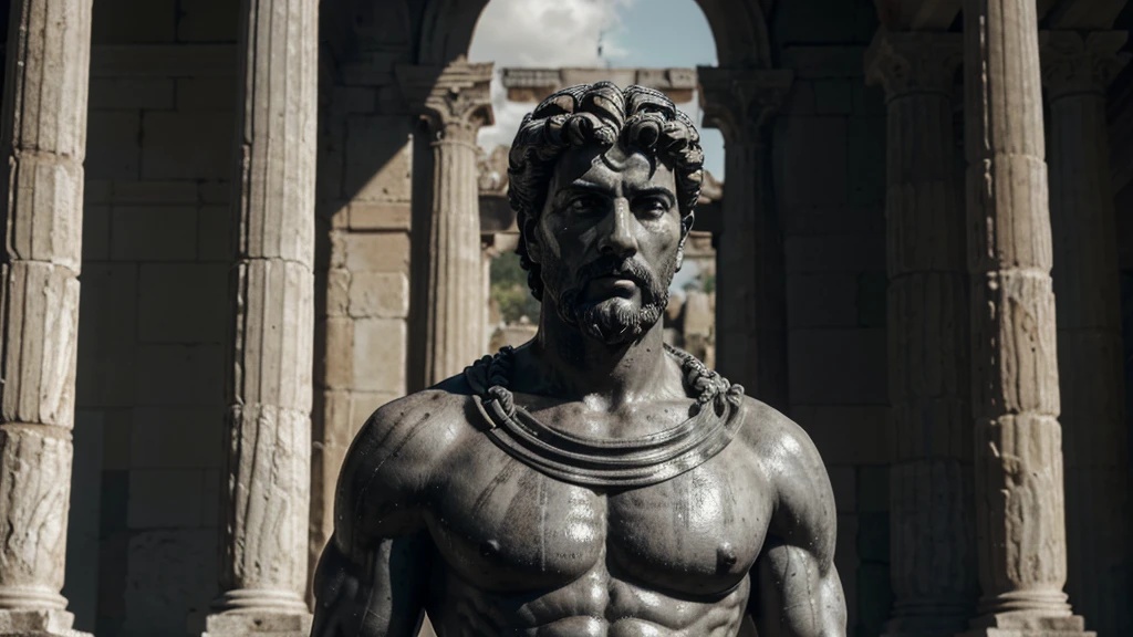 a portrait statue of the stoic Marcus Aurelius in black and white 4K, Super realistic ANCIENT GREEK RUINS, fully body, corpo stark, brawny, stark, wearing no shirt, tronco stark, stark, wearing no shirt, strong arms, 8K, ultra realisitic, cinematographic