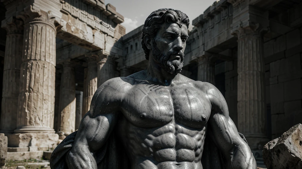 a portrait statue of the stoic Marcus Aurelius in black and white 4K, Super realistic ANCIENT GREEK RUINS, fully body, corpo stark, brawny, stark, wearing no shirt, tronco stark, stark, wearing no shirt, strong arms, 8K, ultra realisitic, cinematographic