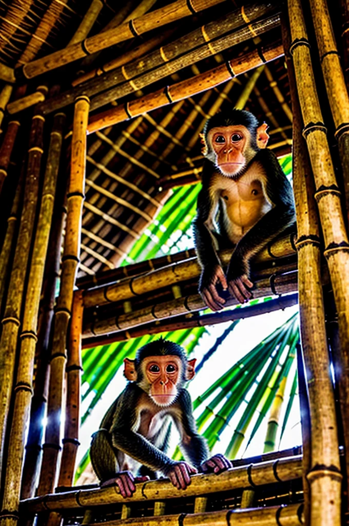 in a hut a funny little monkey inside a bamboo hut, with an open window, It's raining outside ,Outside the cabin it is raining with lightning and thunder it is night