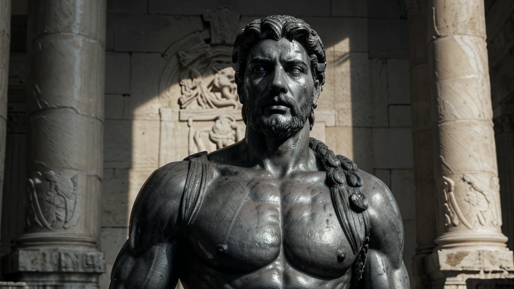 a portrait statue of the stoic Marcus Aurelius in black and white 4K, Super realistic ANCIENT GREEK RUINS, fully body, corpo stark, brawny, stark, wearing no shirt, tronco stark, stark, wearing no shirt, strong arms, 8K, ultra realisitic, cinematographic