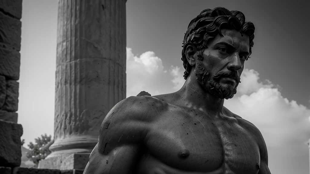 a portrait statue of the stoic Marcus Aurelius in black and white 4K, Super realistic ANCIENT GREEK RUINS, fully body, corpo stark, brawny, stark, wearing no shirt, tronco stark, stark, wearing no shirt, strong arms, 8K, ultra realisitic, cinematographic