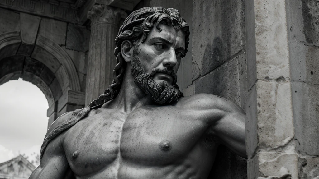 a portrait statue of the stoic Marcus Aurelius in black and white 4K, Super realistic ANCIENT GREEK RUINS, fully body, corpo stark, brawny, stark, wearing no shirt, tronco stark, stark, wearing no shirt, strong arms, 8K, ultra realisitic, cinematographic

