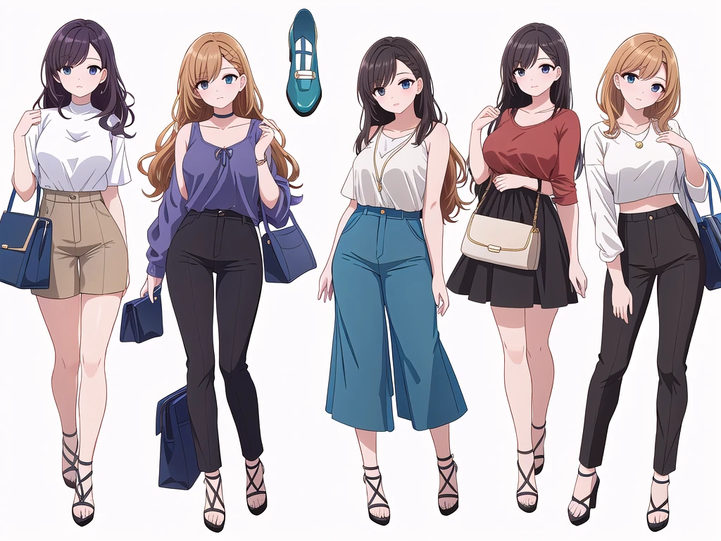 (((Best Quality))) , ((full body)), 4 lady, adult woman, multiple views, (((white background,))) variety of hairstyles, variety of fashion styles, seductive pose, fashionable and trendy atmosphere, holding bag, walk pose, dark blue/dark orange/dark green/dark violet/brown/white, short pants, cropped top,